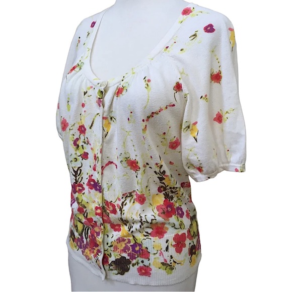Ann Taylor Loft size Large floral button down short sleeve sweater/cardigan EUC - Picture 2 of 14